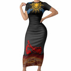 Didgeridoo Short Sleeve Bodycon Dress Australian Aboriginal Sun Motif Indigenous Art