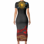 Didgeridoo Short Sleeve Bodycon Dress Australian Aboriginal Sun Motif Indigenous Art