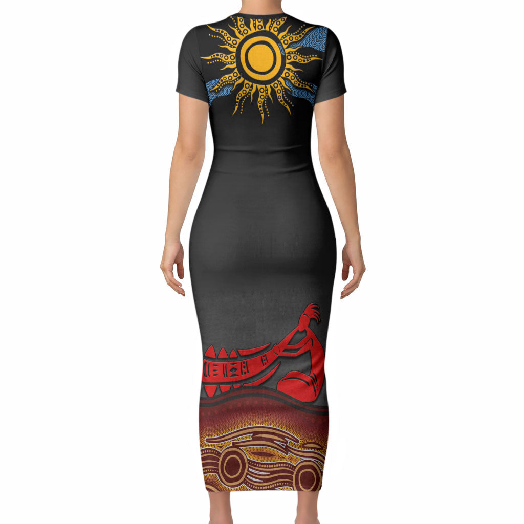 Didgeridoo Short Sleeve Bodycon Dress Australian Aboriginal Sun Motif Indigenous Art