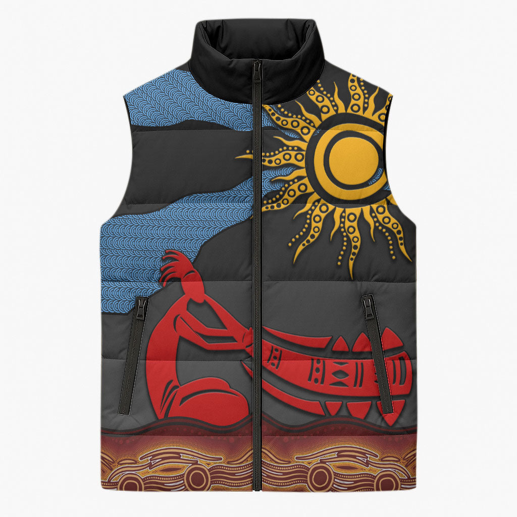 Didgeridoo Sleeveless Puffer Jacket Australian Aboriginal Sun Motif Indigenous Art