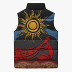 Didgeridoo Sleeveless Puffer Jacket Australian Aboriginal Sun Motif Indigenous Art