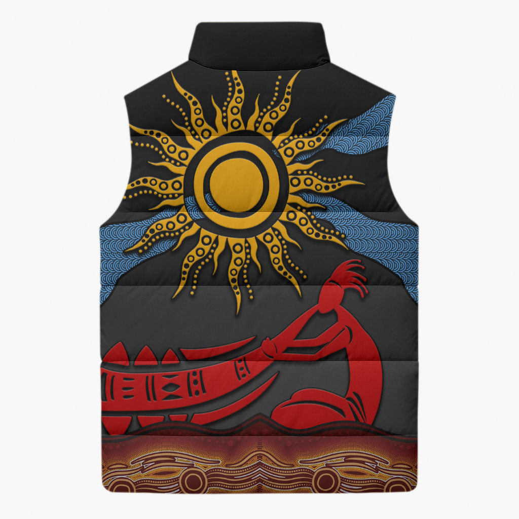 Didgeridoo Sleeveless Puffer Jacket Australian Aboriginal Sun Motif Indigenous Art