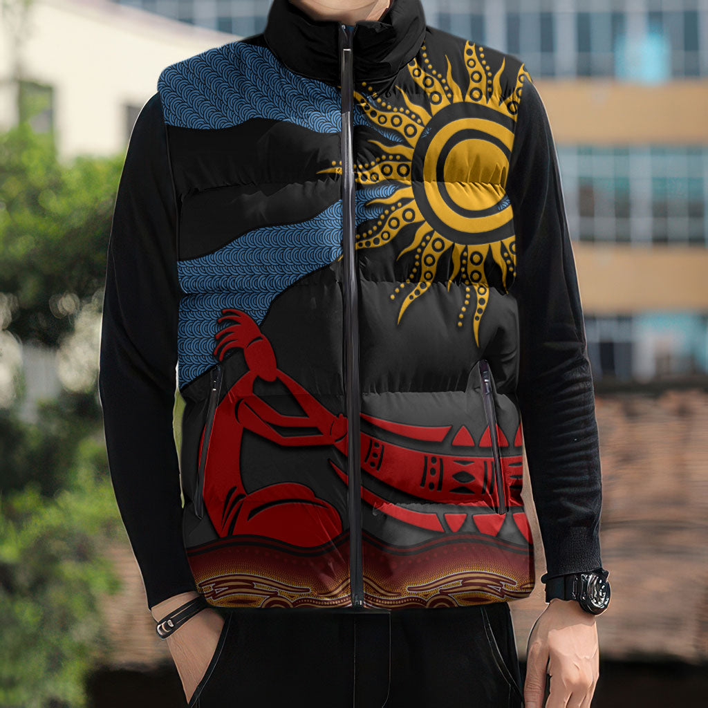 Didgeridoo Sleeveless Puffer Jacket Australian Aboriginal Sun Motif Indigenous Art