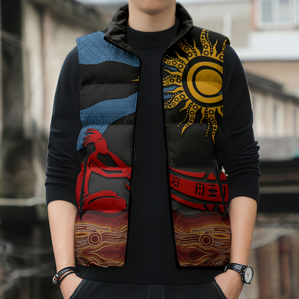 Didgeridoo Sleeveless Puffer Jacket Australian Aboriginal Sun Motif Indigenous Art