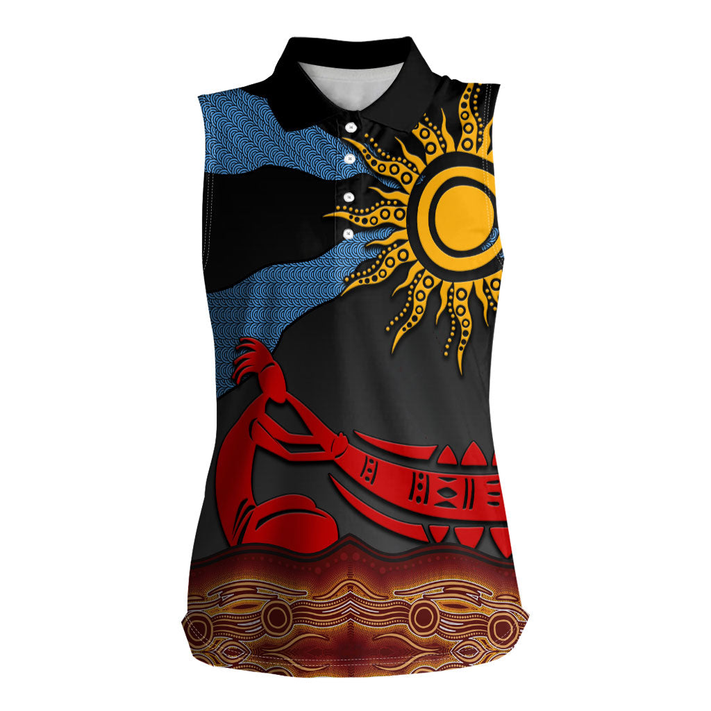 Didgeridoo Women Sleeveless Polo Shirt Australian Aboriginal Sun Motif Indigenous Art
