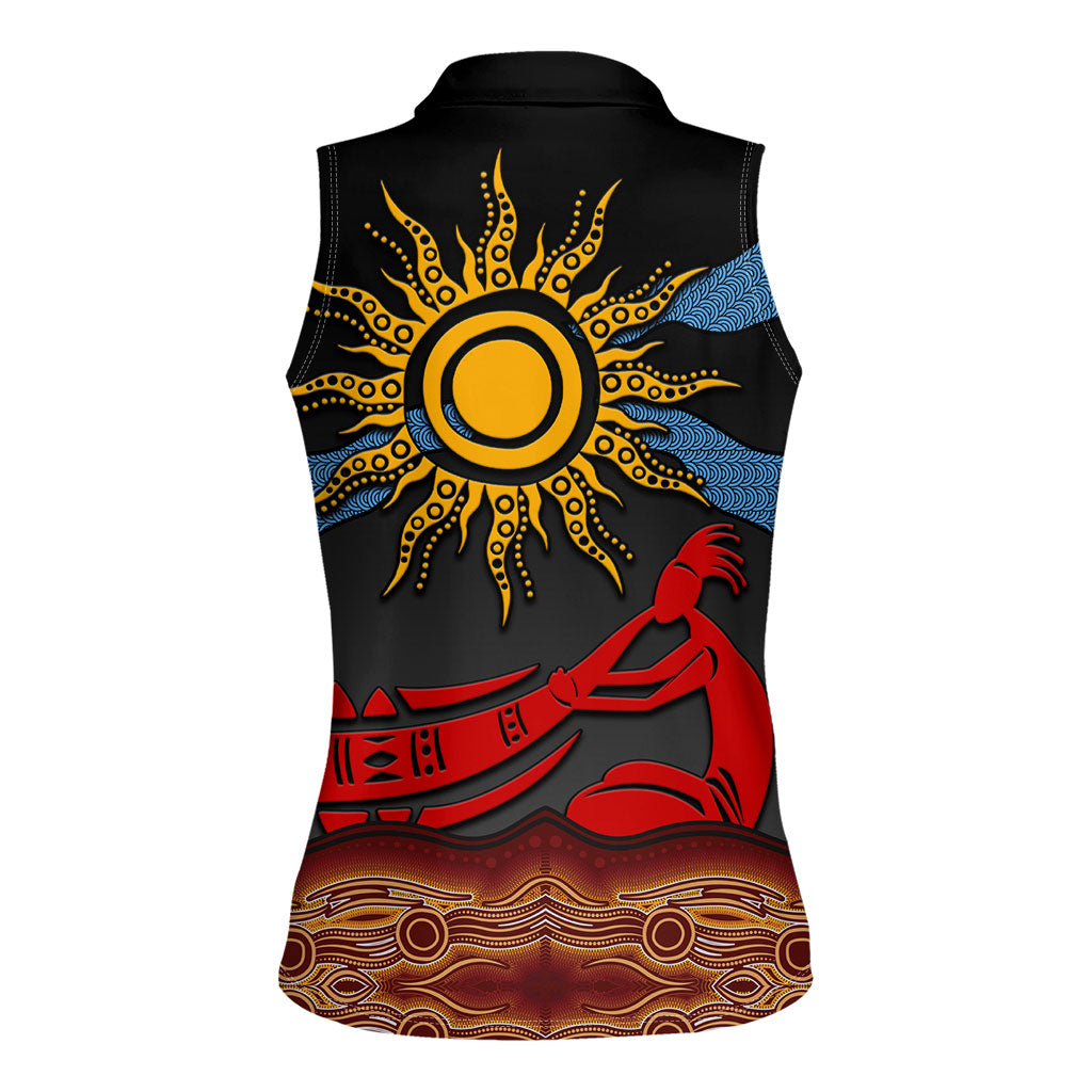Didgeridoo Women Sleeveless Polo Shirt Australian Aboriginal Sun Motif Indigenous Art
