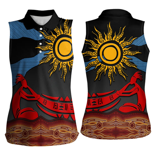 Didgeridoo Women Sleeveless Polo Shirt Australian Aboriginal Sun Motif Indigenous Art