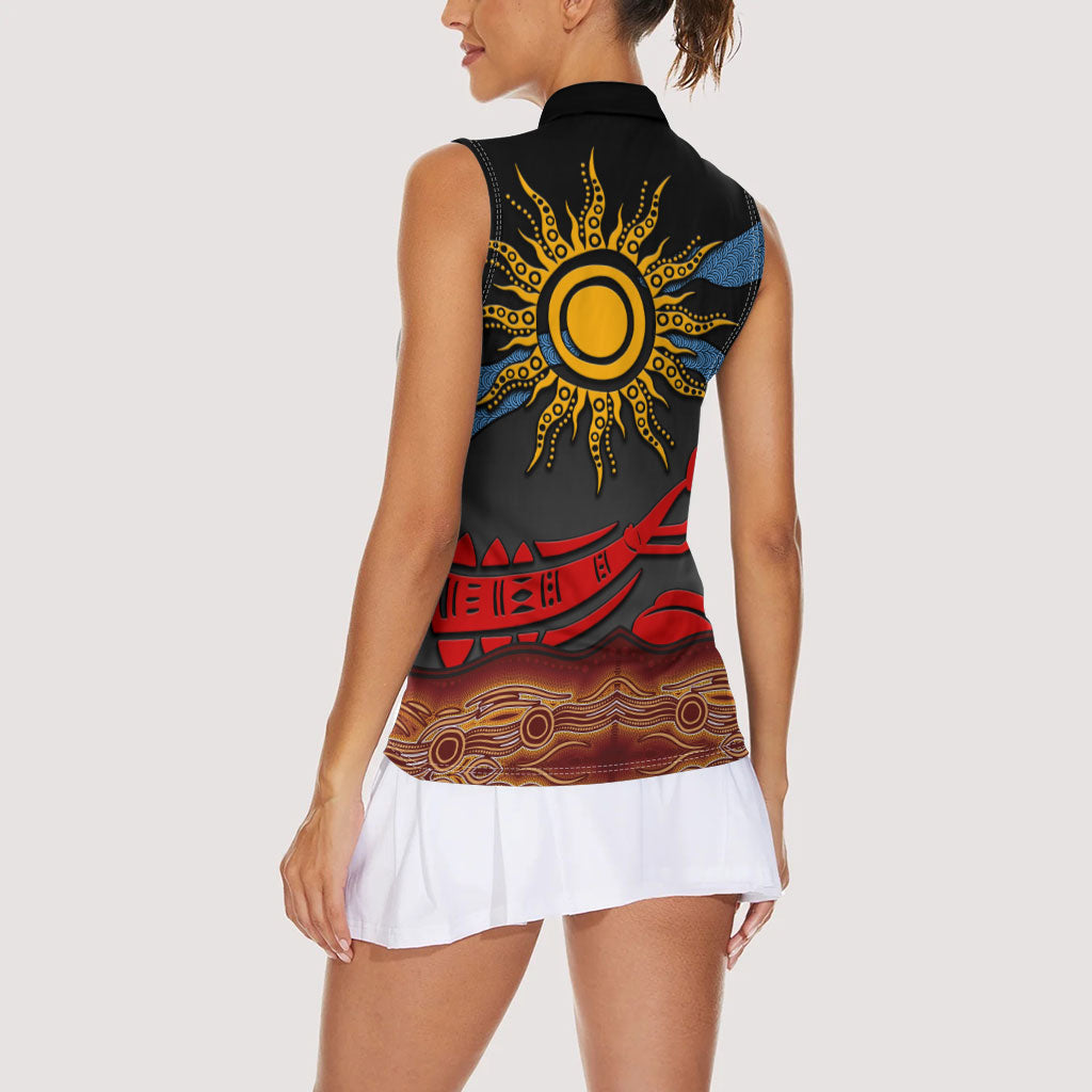 Didgeridoo Women Sleeveless Polo Shirt Australian Aboriginal Sun Motif Indigenous Art