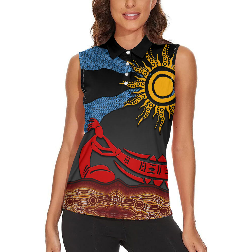 Didgeridoo Women Sleeveless Polo Shirt Australian Aboriginal Sun Motif Indigenous Art