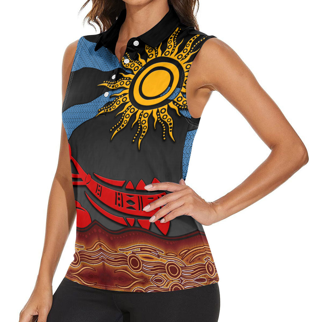 Didgeridoo Women Sleeveless Polo Shirt Australian Aboriginal Sun Motif Indigenous Art