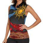 Didgeridoo Women Sleeveless Polo Shirt Australian Aboriginal Sun Motif Indigenous Art