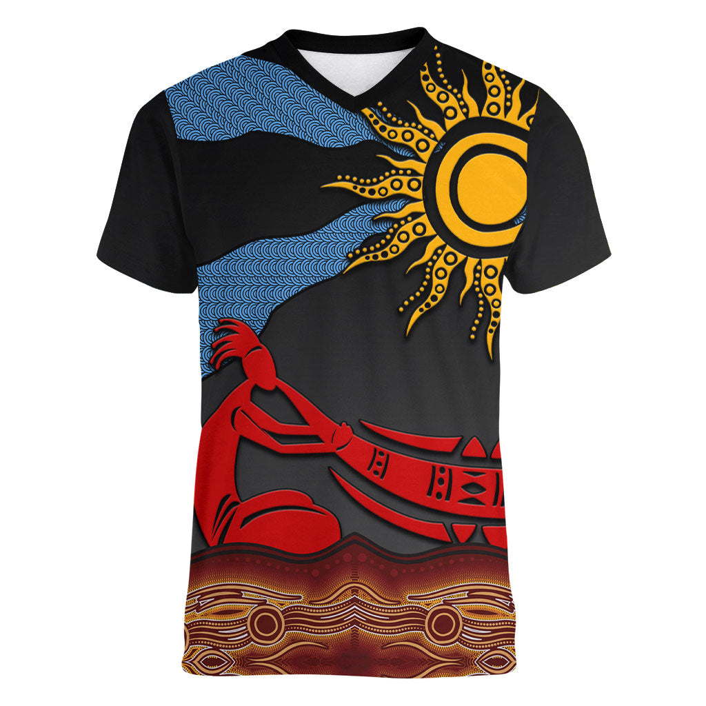 Didgeridoo Women V-Neck T-Shirt Australian Aboriginal Sun Motif Indigenous Art