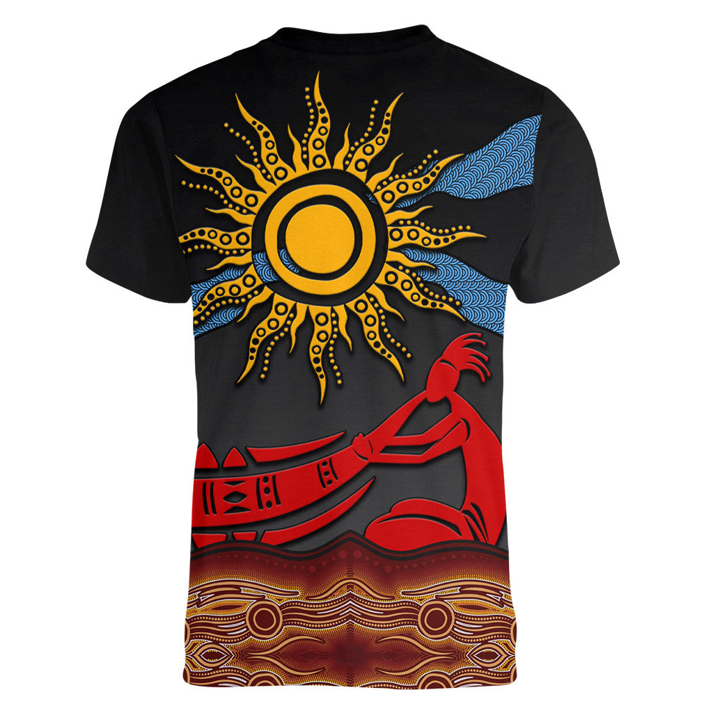 Didgeridoo Women V-Neck T-Shirt Australian Aboriginal Sun Motif Indigenous Art
