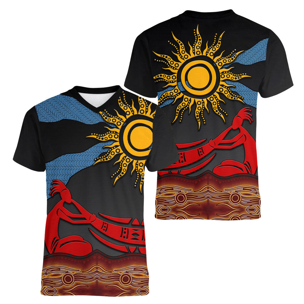 Didgeridoo Women V-Neck T-Shirt Australian Aboriginal Sun Motif Indigenous Art