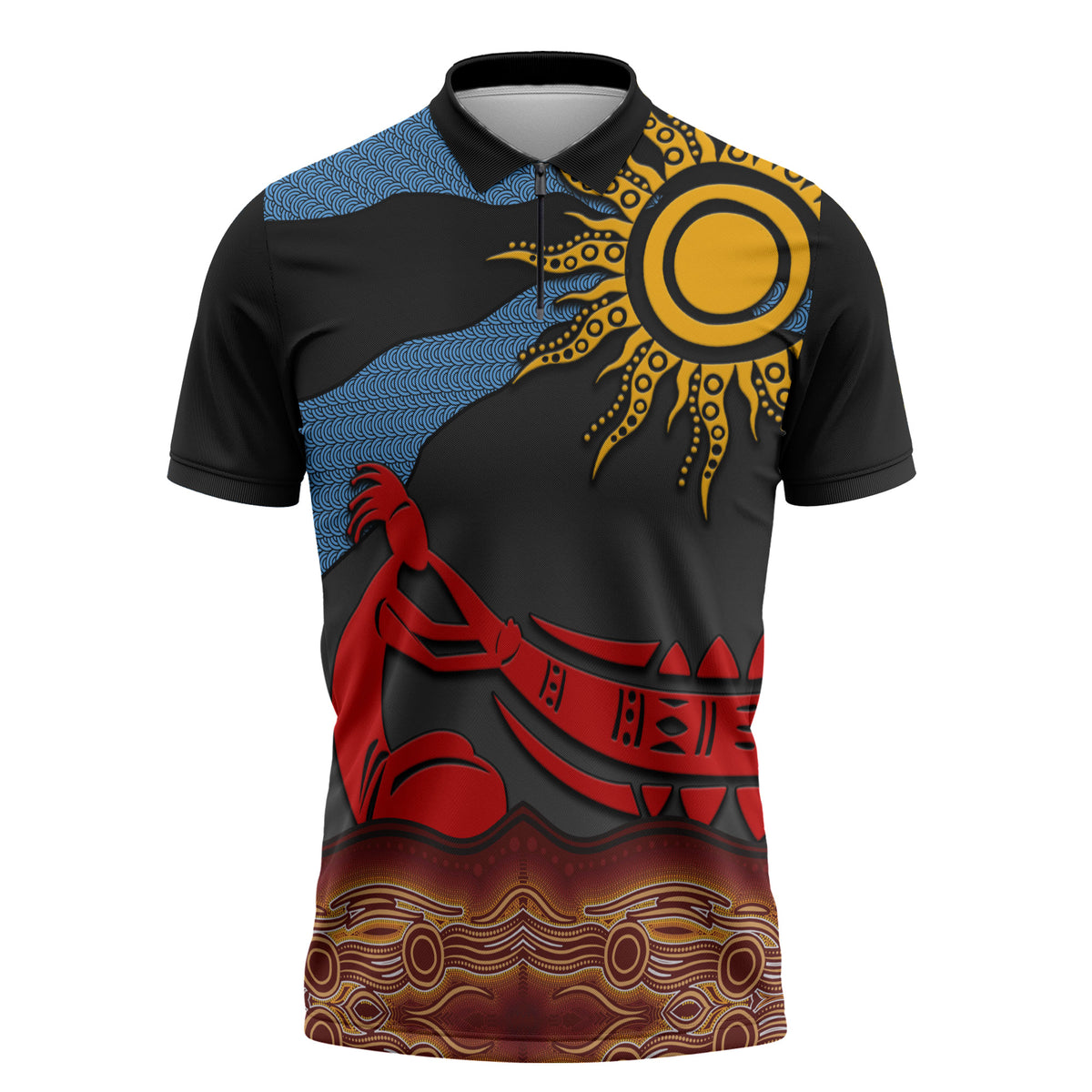 Didgeridoo Zipper Polo Shirt Australian Aboriginal Sun Motif Indigenous Art