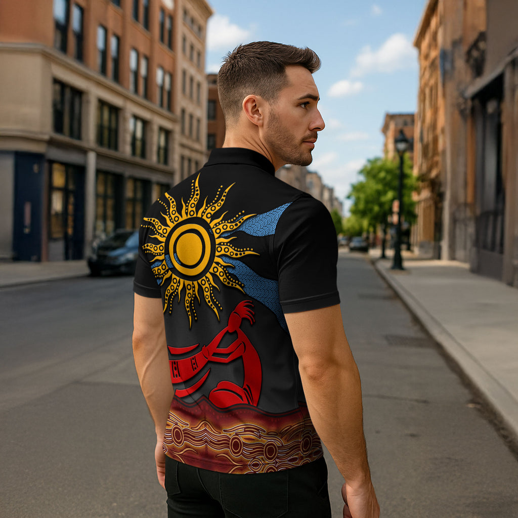 Didgeridoo Zipper Polo Shirt Australian Aboriginal Sun Motif Indigenous Art