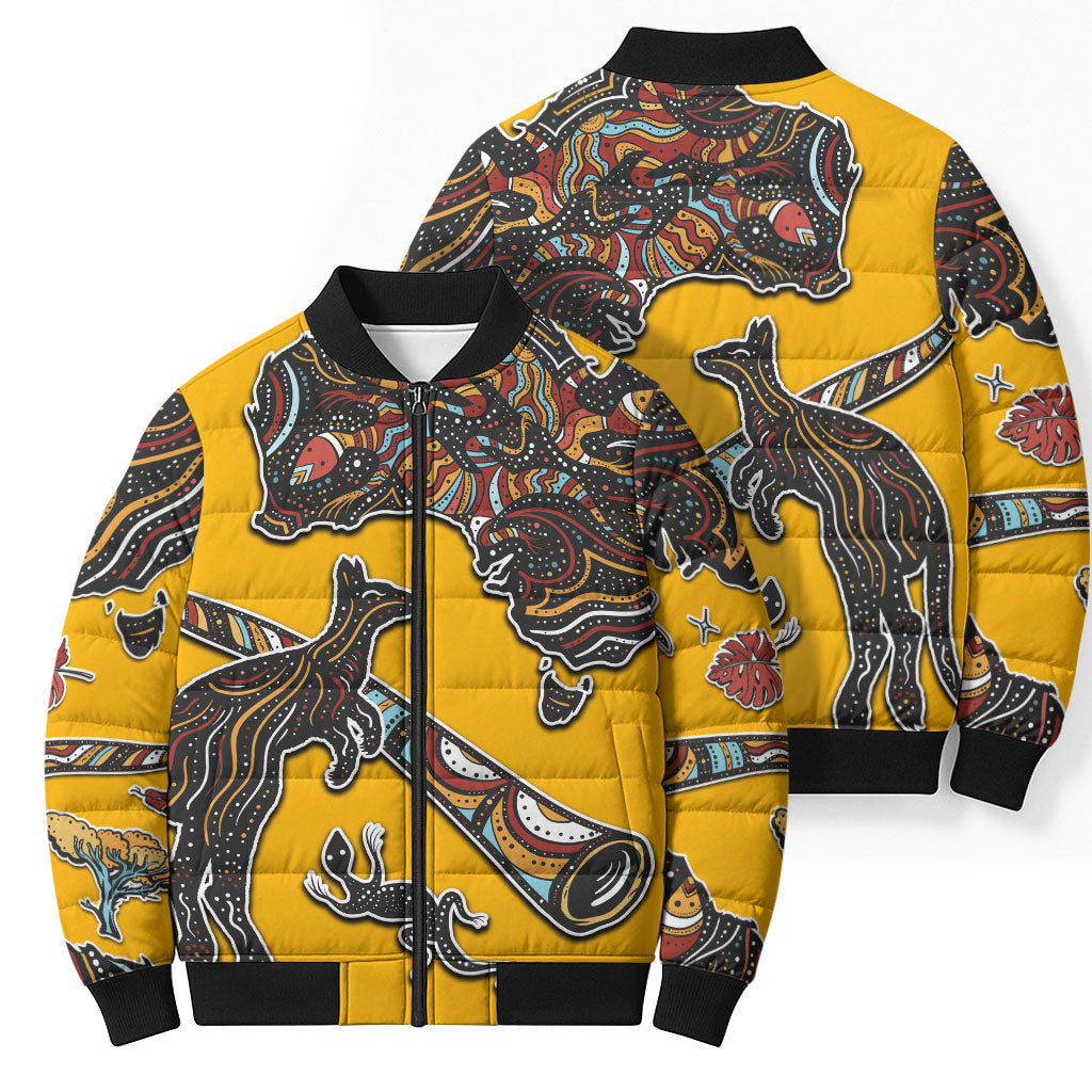 Didgeridoo Kangaroo Australia Bomber Puffer Jacket Aboriginal Dot Art Indigenous Wildlife