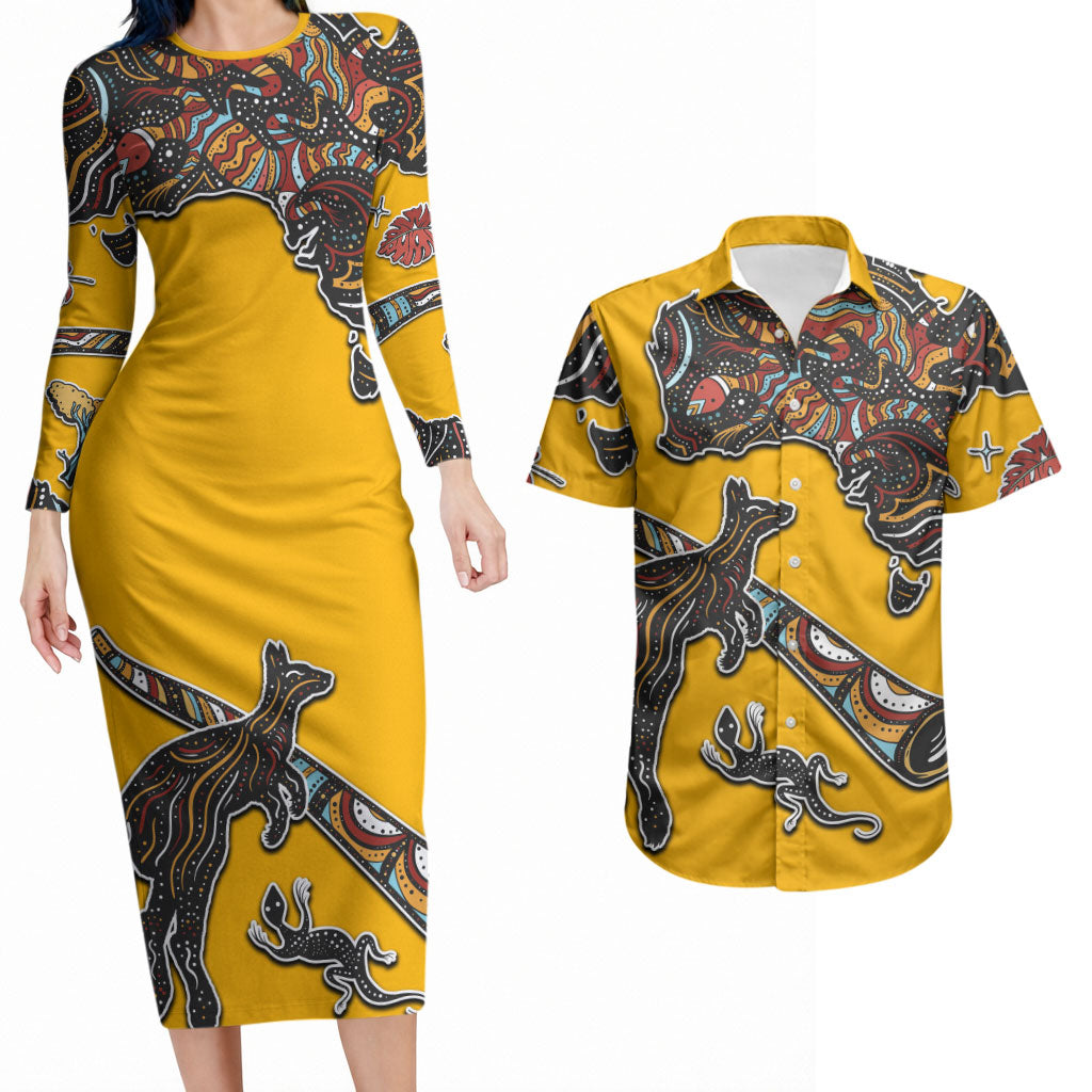 Didgeridoo Kangaroo Australia Couples Matching Long Sleeve Bodycon Dress and Hawaiian Shirt Aboriginal Dot Art Indigenous Wildlife