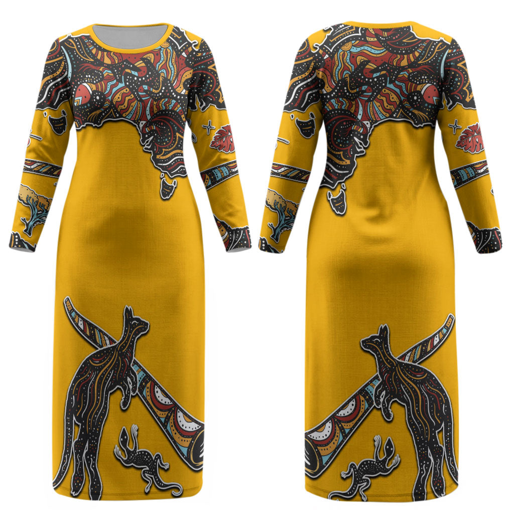 Didgeridoo Kangaroo Australia Couples Matching Long Sleeve Bodycon Dress and Hawaiian Shirt Aboriginal Dot Art Indigenous Wildlife