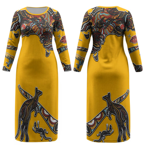 Didgeridoo Kangaroo Australia Couples Matching Long Sleeve Bodycon Dress and Hawaiian Shirt Aboriginal Dot Art Indigenous Wildlife