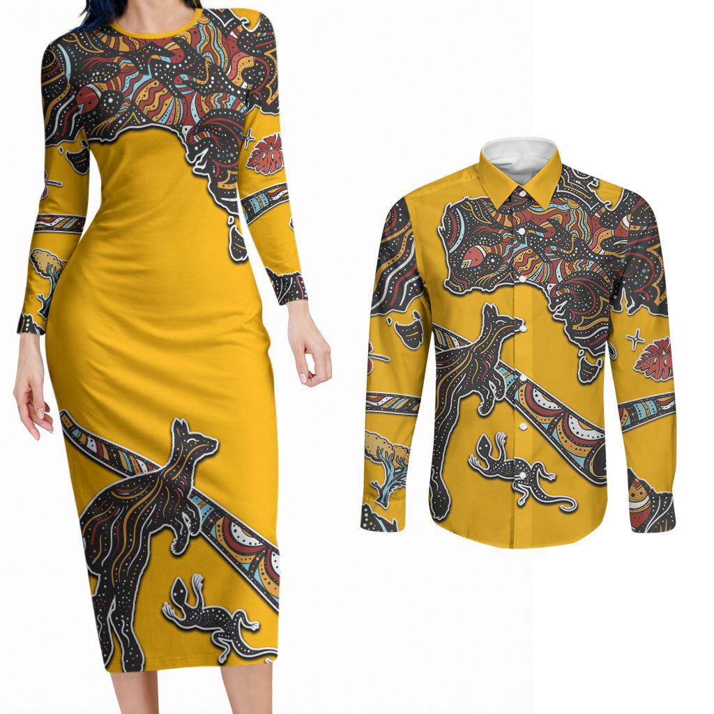 Didgeridoo Kangaroo Australia Couples Matching Long Sleeve Bodycon Dress and Long Sleeve Button Shirt Aboriginal Dot Art Indigenous Wildlife