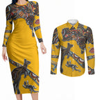 Didgeridoo Kangaroo Australia Couples Matching Long Sleeve Bodycon Dress and Long Sleeve Button Shirt Aboriginal Dot Art Indigenous Wildlife
