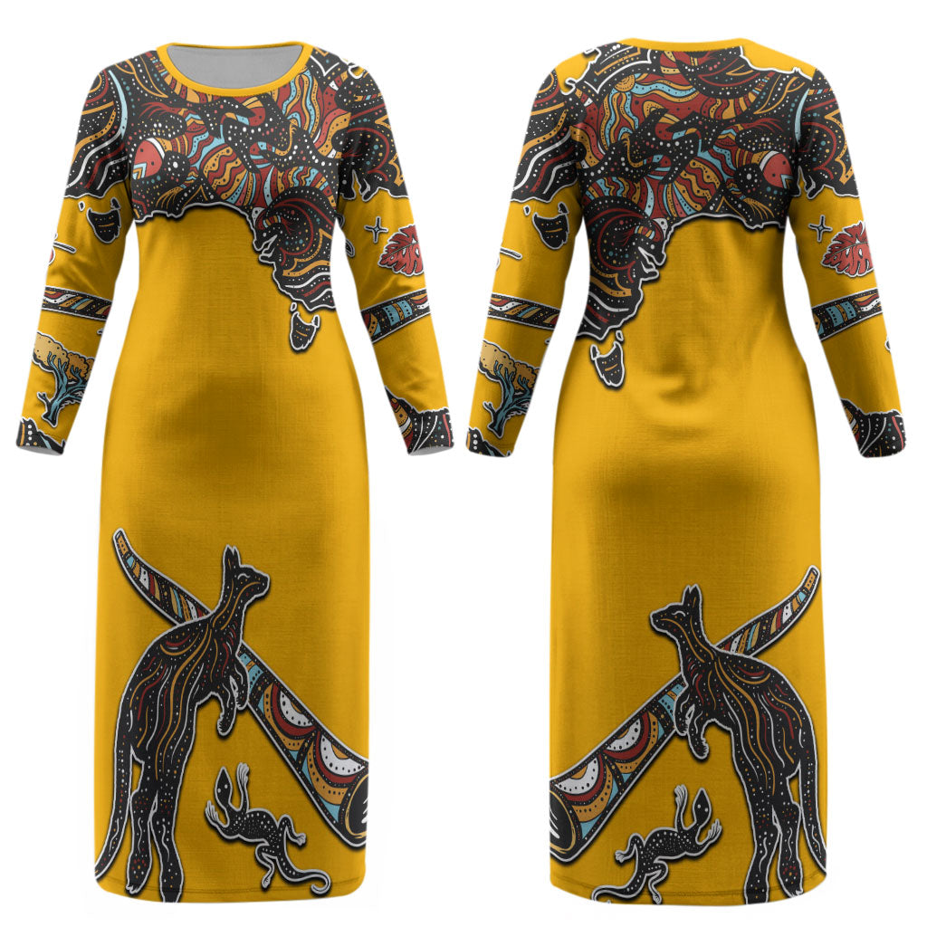 Didgeridoo Kangaroo Australia Couples Matching Long Sleeve Bodycon Dress and Long Sleeve Button Shirt Aboriginal Dot Art Indigenous Wildlife