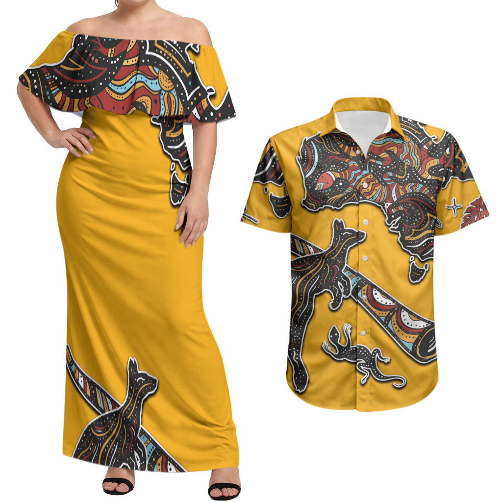 Didgeridoo Kangaroo Australia Couples Matching Off Shoulder Maxi Dress and Hawaiian Shirt Aboriginal Dot Art Indigenous Wildlife