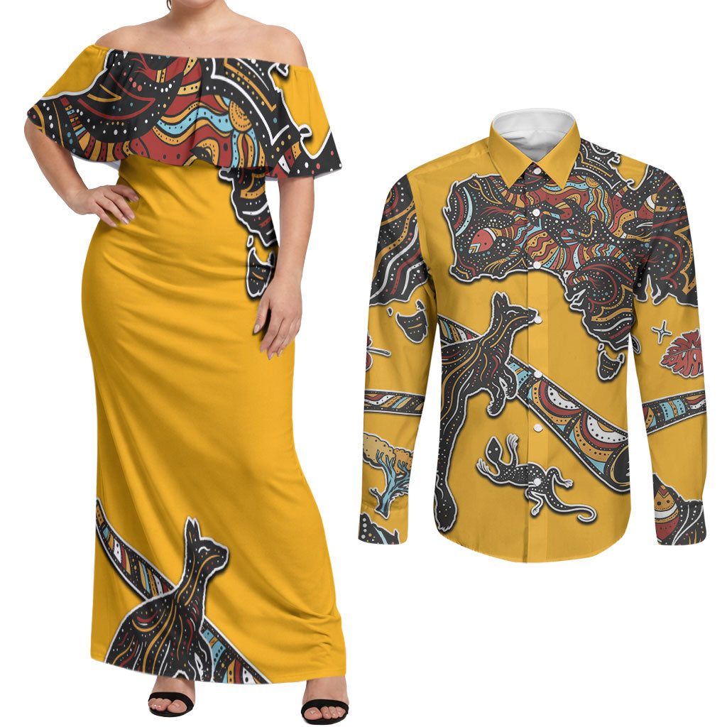 Didgeridoo Kangaroo Australia Couples Matching Off Shoulder Maxi Dress and Long Sleeve Button Shirt Aboriginal Dot Art Indigenous Wildlife