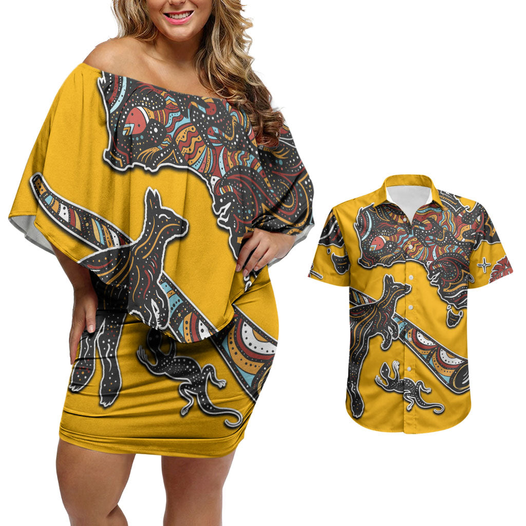 Didgeridoo Kangaroo Australia Couples Matching Off Shoulder Short Dress and Hawaiian Shirt Aboriginal Dot Art Indigenous Wildlife