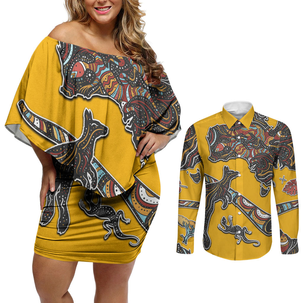 Didgeridoo Kangaroo Australia Couples Matching Off Shoulder Short Dress and Long Sleeve Button Shirt Aboriginal Dot Art Indigenous Wildlife