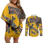 Didgeridoo Kangaroo Australia Couples Matching Off Shoulder Short Dress and Long Sleeve Button Shirt Aboriginal Dot Art Indigenous Wildlife