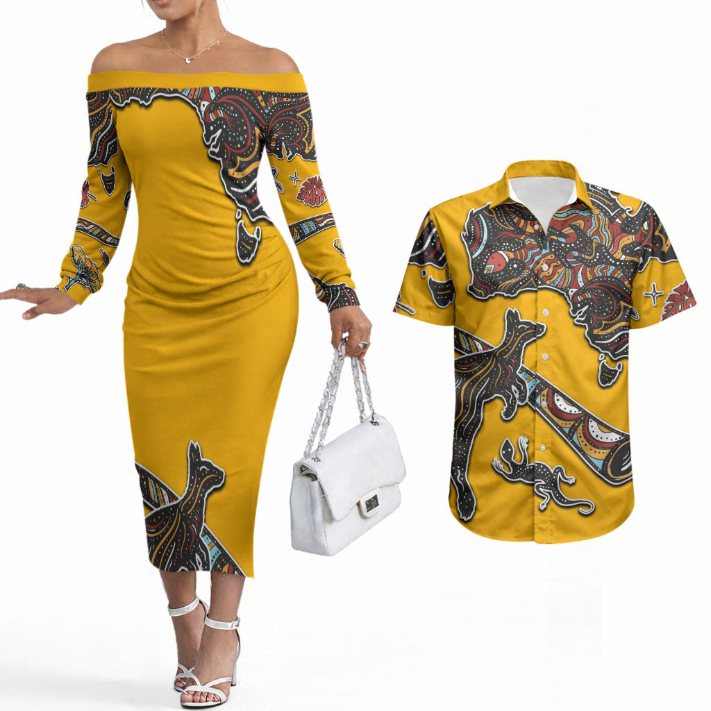 Didgeridoo Kangaroo Australia Couples Matching Off The Shoulder Long Sleeve Dress and Hawaiian Shirt Aboriginal Dot Art Indigenous Wildlife