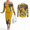 Didgeridoo Kangaroo Australia Couples Matching Off The Shoulder Long Sleeve Dress and Long Sleeve Button Shirt Aboriginal Dot Art Indigenous Wildlife