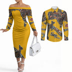 Didgeridoo Kangaroo Australia Couples Matching Off The Shoulder Long Sleeve Dress and Long Sleeve Button Shirt Aboriginal Dot Art Indigenous Wildlife