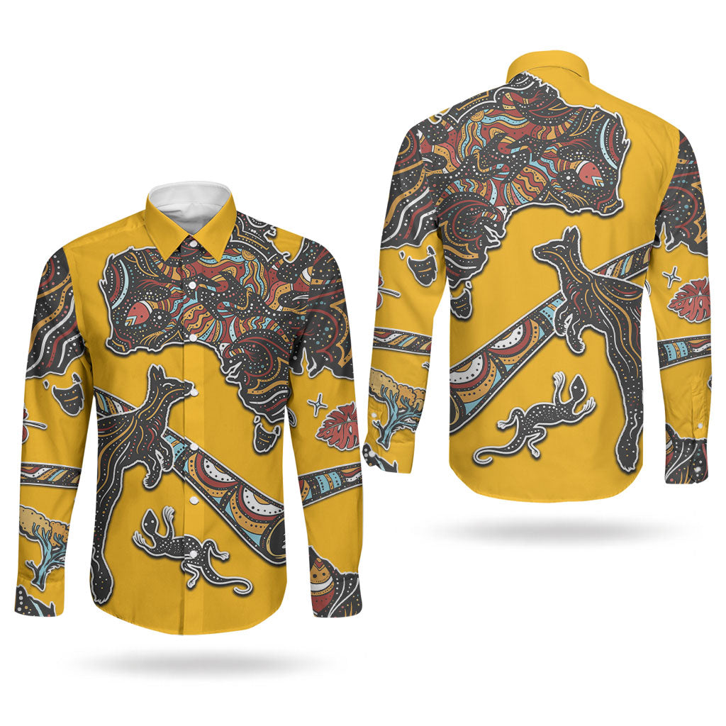 Didgeridoo Kangaroo Australia Couples Matching Off The Shoulder Long Sleeve Dress and Long Sleeve Button Shirt Aboriginal Dot Art Indigenous Wildlife