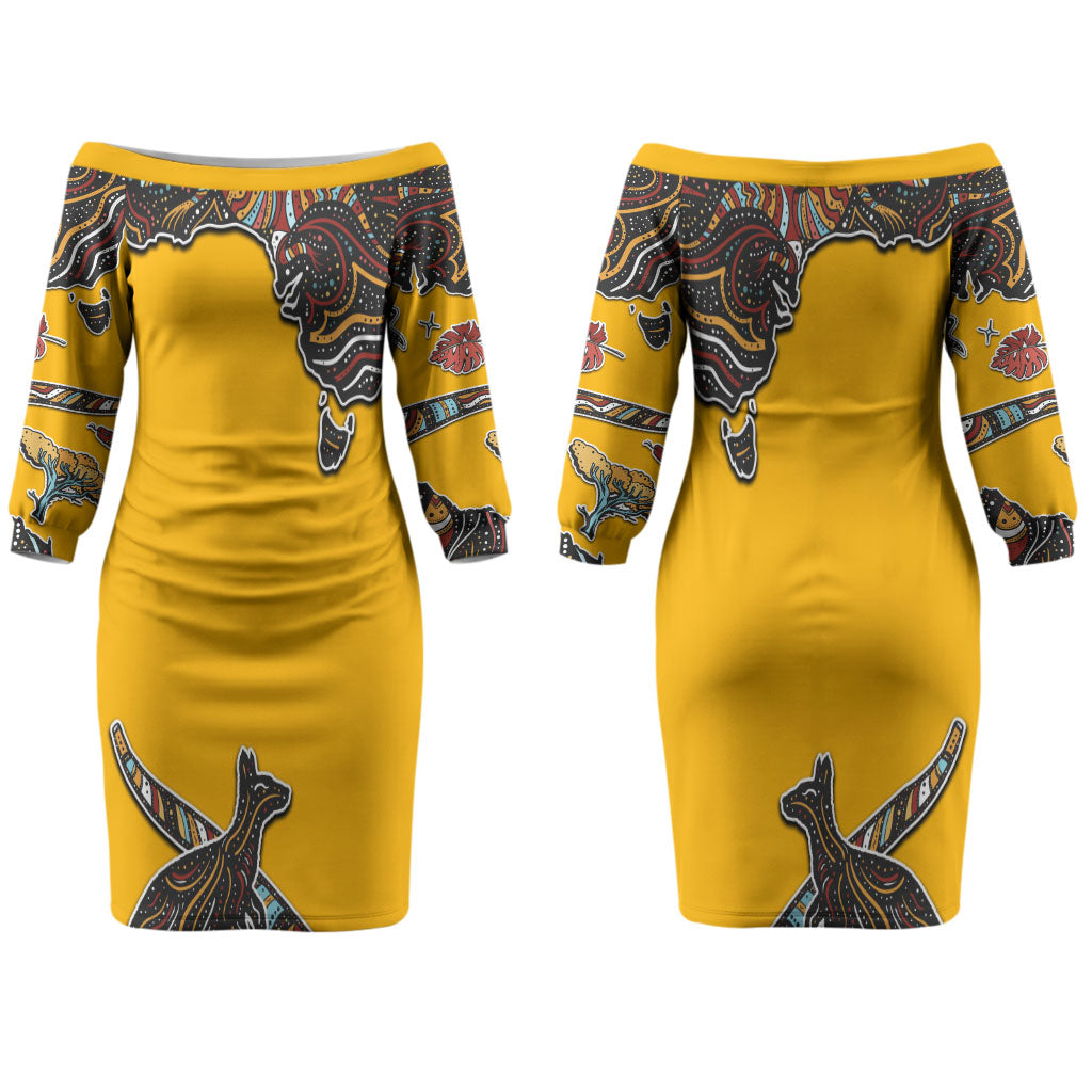 Didgeridoo Kangaroo Australia Couples Matching Off The Shoulder Long Sleeve Dress and Long Sleeve Button Shirt Aboriginal Dot Art Indigenous Wildlife