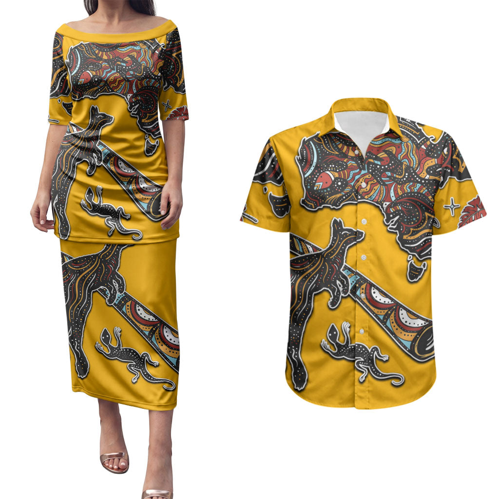 Didgeridoo Kangaroo Australia Couples Matching Puletasi and Hawaiian Shirt Aboriginal Dot Art Indigenous Wildlife