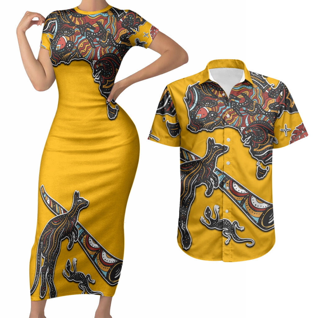 Didgeridoo Kangaroo Australia Couples Matching Short Sleeve Bodycon Dress and Hawaiian Shirt Aboriginal Dot Art Indigenous Wildlife