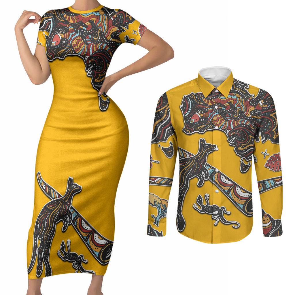 Didgeridoo Kangaroo Australia Couples Matching Short Sleeve Bodycon Dress and Long Sleeve Button Shirt Aboriginal Dot Art Indigenous Wildlife