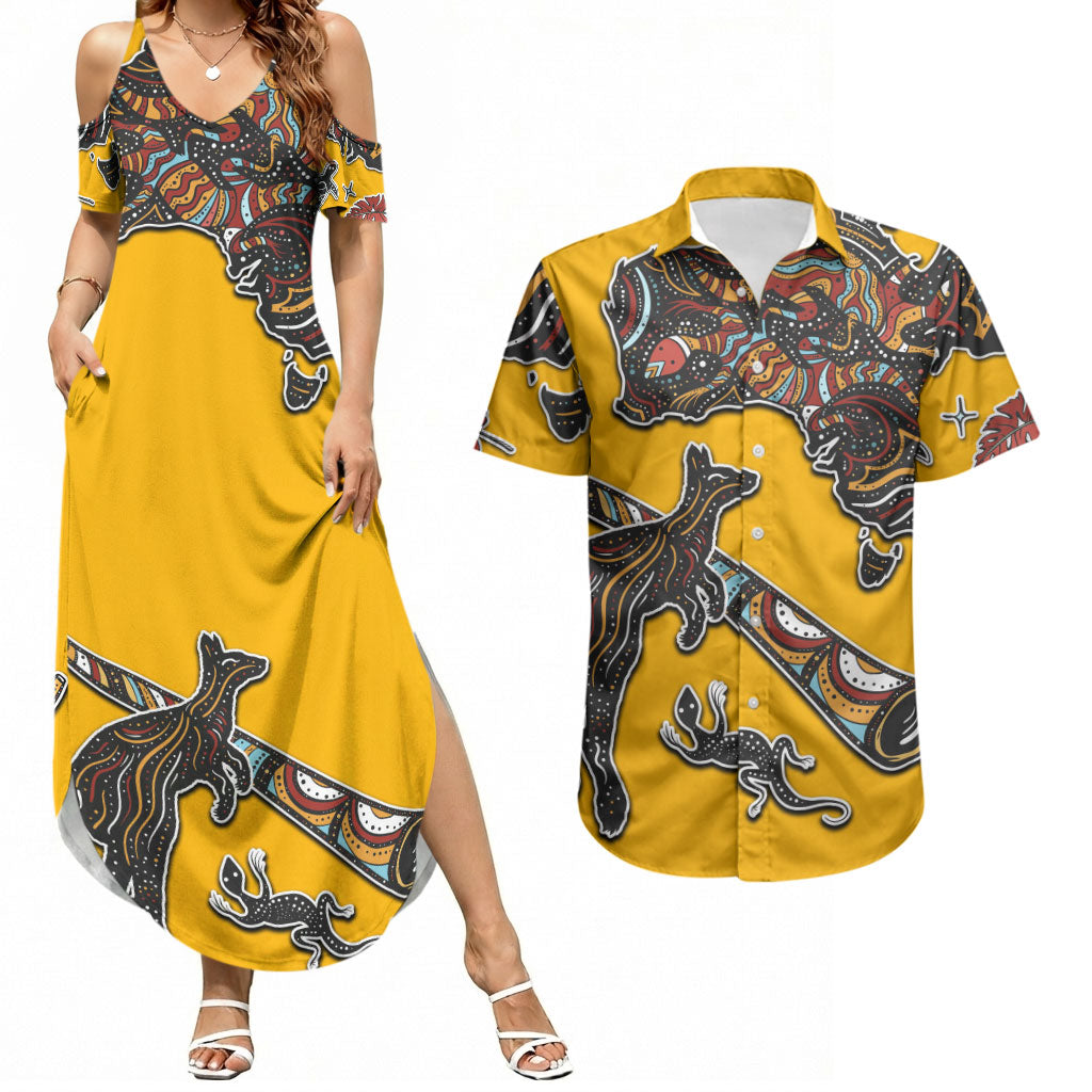Didgeridoo Kangaroo Australia Couples Matching Summer Maxi Dress and Hawaiian Shirt Aboriginal Dot Art Indigenous Wildlife