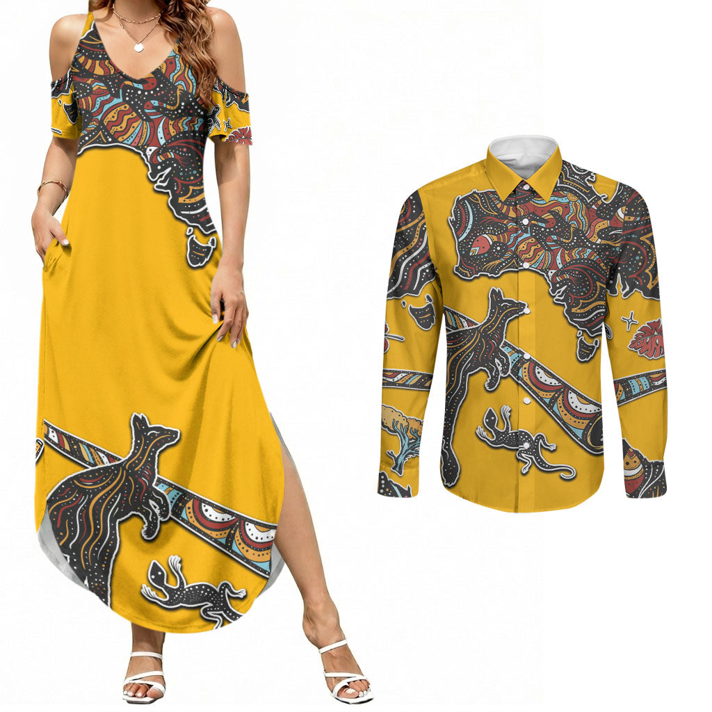 Didgeridoo Kangaroo Australia Couples Matching Summer Maxi Dress and Long Sleeve Button Shirt Aboriginal Dot Art Indigenous Wildlife