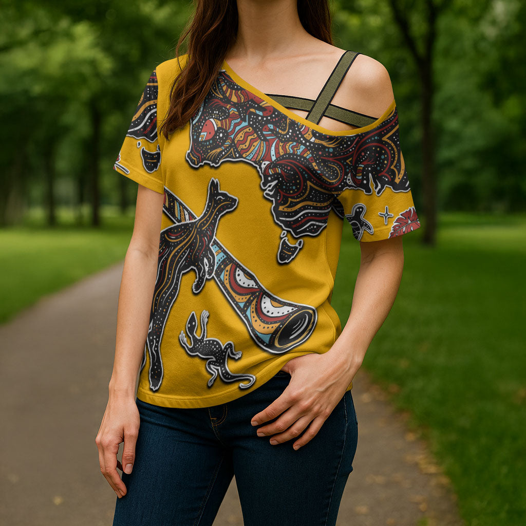 Didgeridoo Kangaroo Australia Cross Shoulder Shirt Aboriginal Dot Art Indigenous Wildlife