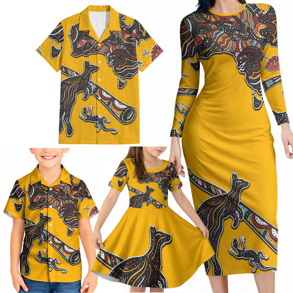 Didgeridoo Kangaroo Australia Family Matching Long Sleeve Bodycon Dress and Hawaiian Shirt Aboriginal Dot Art Indigenous Wildlife