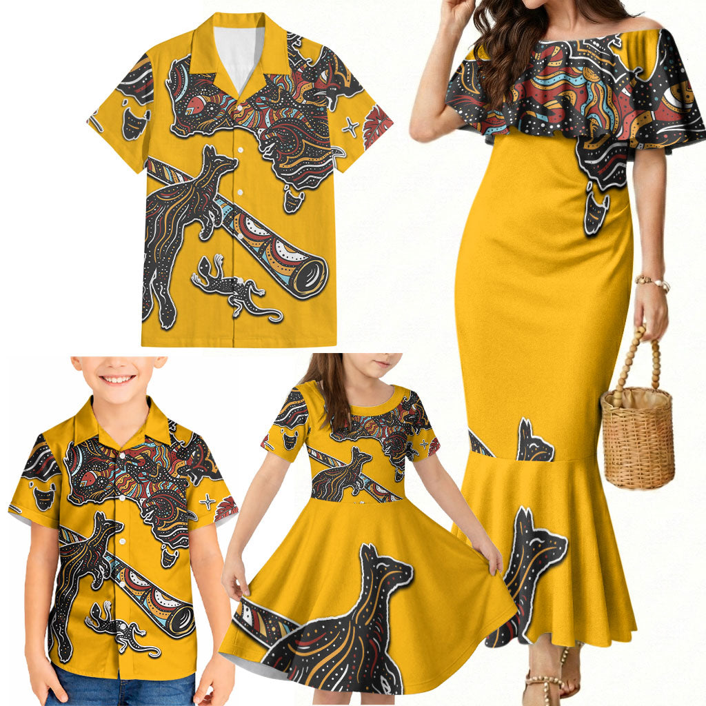 Didgeridoo Kangaroo Australia Family Matching Mermaid Dress and Hawaiian Shirt Aboriginal Dot Art Indigenous Wildlife