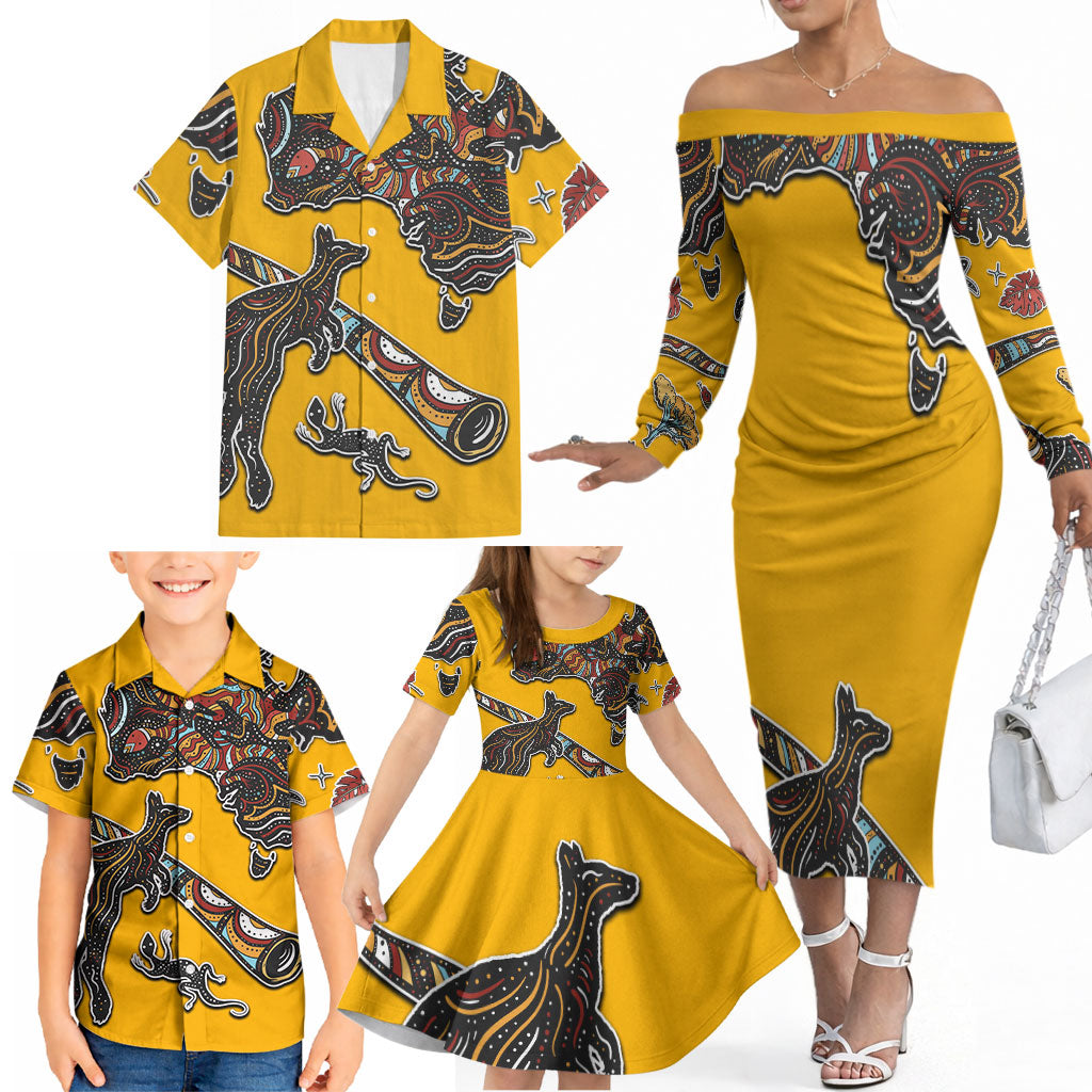 Didgeridoo Kangaroo Australia Family Matching Off The Shoulder Long Sleeve Dress and Hawaiian Shirt Aboriginal Dot Art Indigenous Wildlife