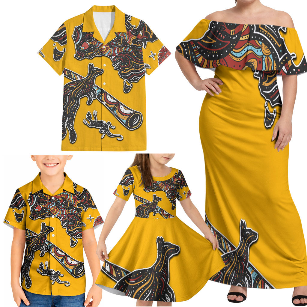 Didgeridoo Kangaroo Australia Family Matching Off Shoulder Maxi Dress and Hawaiian Shirt Aboriginal Dot Art Indigenous Wildlife