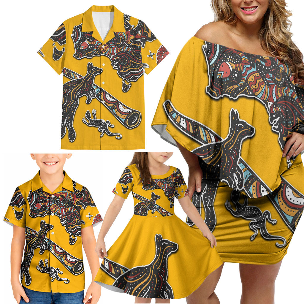 Didgeridoo Kangaroo Australia Family Matching Off Shoulder Short Dress and Hawaiian Shirt Aboriginal Dot Art Indigenous Wildlife