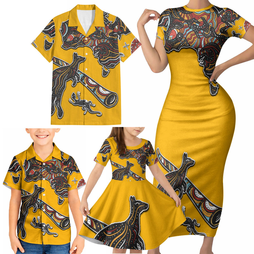 Didgeridoo Kangaroo Australia Family Matching Short Sleeve Bodycon Dress and Hawaiian Shirt Aboriginal Dot Art Indigenous Wildlife