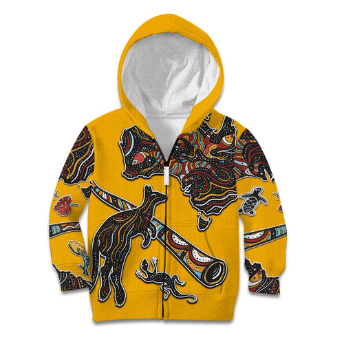 Didgeridoo Kangaroo Australia Kid Hoodie Aboriginal Dot Art Indigenous Wildlife